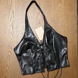 Black Lace-Up Faux Leather Halter Top